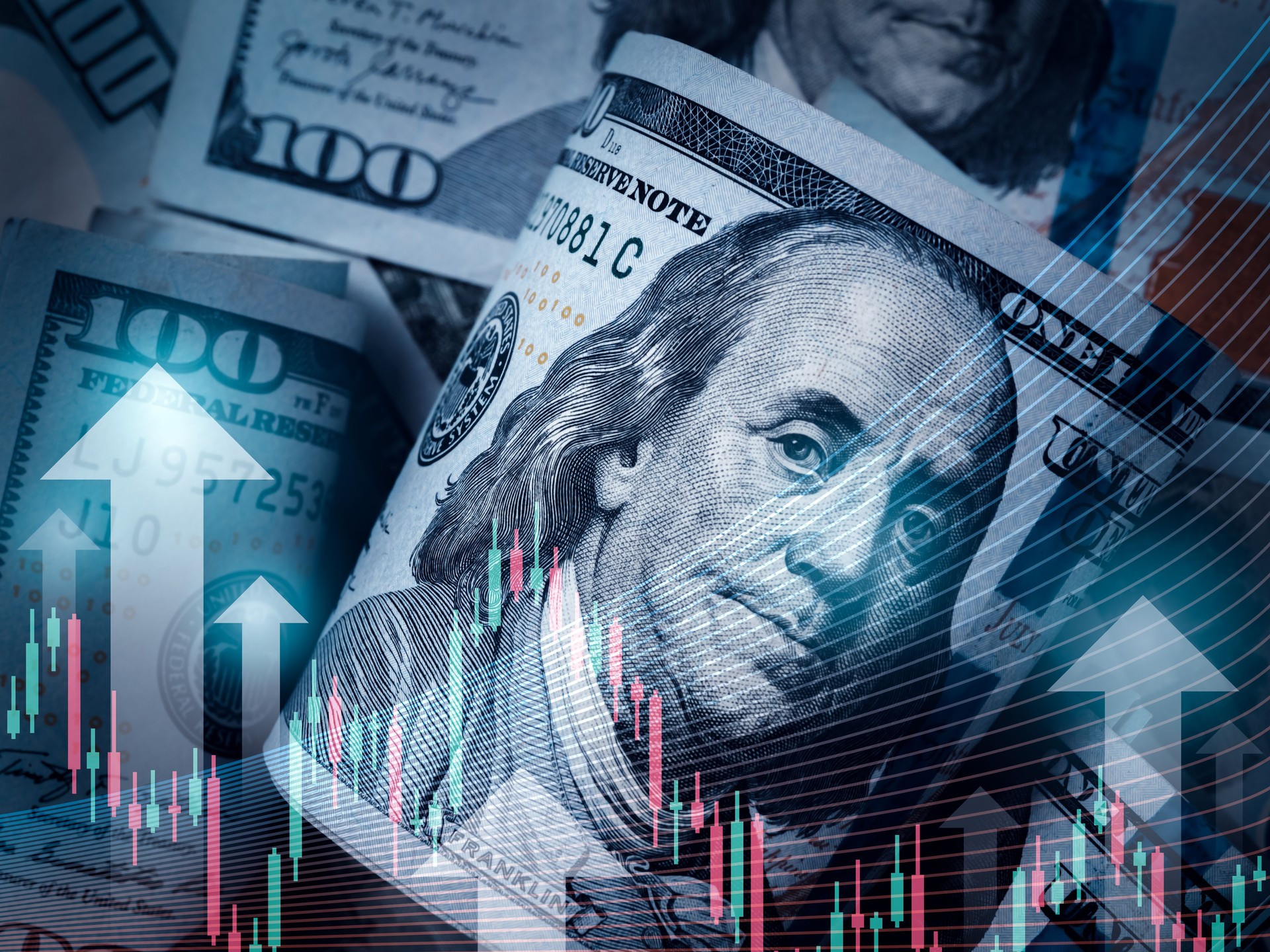 Investment, business financial, inflation, online financial graph trend concept. Increase arrows, growth stock graph data with candlestick on American dollars cash 100 bill banknote background.